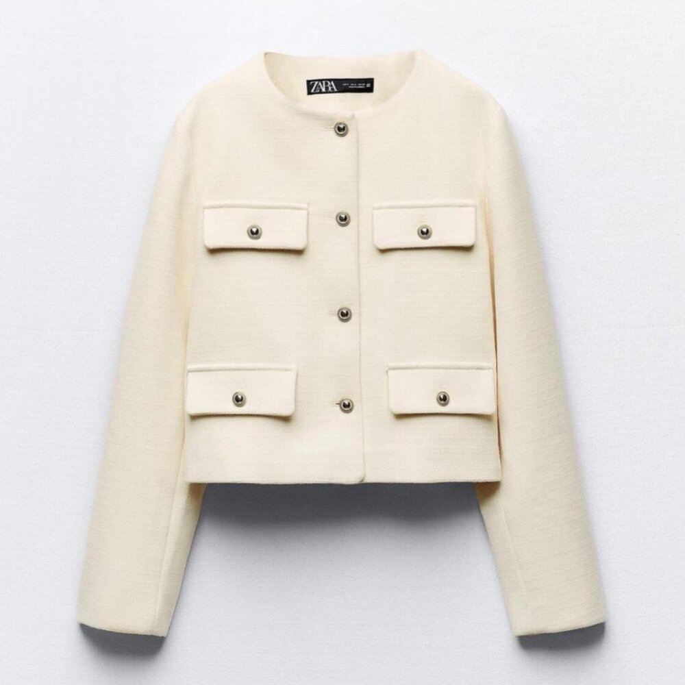 ZARA Women's Cropped Flap Jacket(Ecru, US M, L/EUR M, L) - Picture 4 of 13